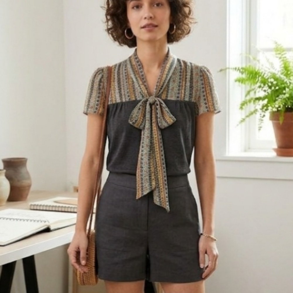 Anthropologie Tiny Gray Base Semi-Sheer Print Sleeve Blouse Size XS